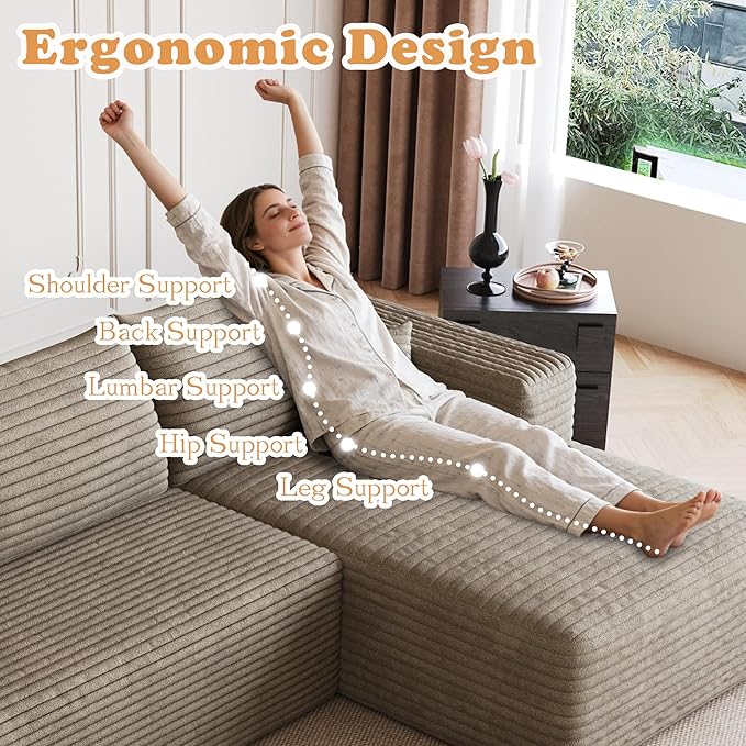 94 Corduroy Upholstered Boneless Couches with Chaise/Ottoman U Shape Modular Sectional Sofa with Deep Seat Cloud Sectional Fluffy Couches for Living Room No Assembly Required (Camel) | Removable O