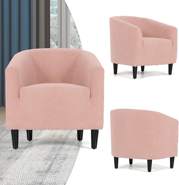 Magshion Barrel Chair Modern Sherpa Armchair Boucle Fabric Accent Chair with Cozy Soft Padded Single Sofa Chair for Living Room Bedroom Office Waiting Room 300lbs Capacity Pink