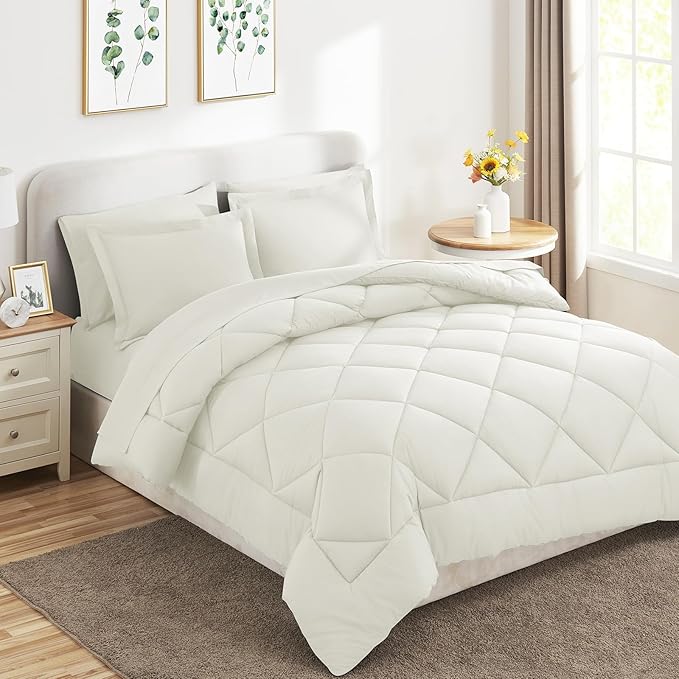 CozyLux King Size Comforter Set Ivory - 7 Pieces Bed in a Bag King Luxury Soft Bed Set for All Seasons Bedding Set with Down Alternative Comforter Sheets Pillowcases &amp Shams