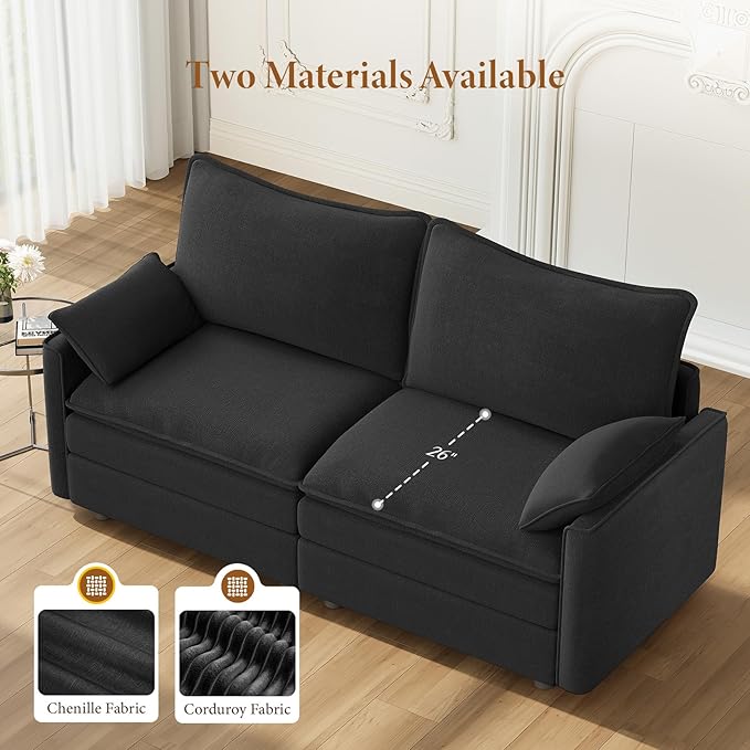Vesgantti 74 Loveseat Sofa for Living Room Comfy Cloud Couch Deep Seat Chenille Modern 2 Seater Small Sofa with Armrest Pillow Easy Assembly for Small Spaces Black