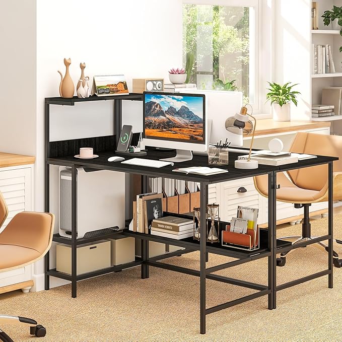 Giantex 48 Computer Desk with Charging Station Reversible Writing Desk with Storage Shelves &amp Headphone Hook Small Gaming Desk Industrial Computer Workstation for Home Office (Black)