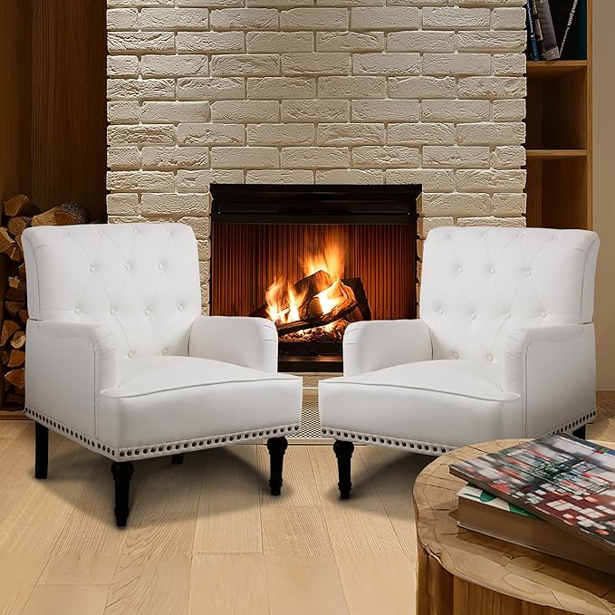 MOJAY Modern PU Leather Accent Chair Set of 2 Mid-Century Living Room Lounge Club Chair with Rivet Trim Single Sofa Reading Arm Chair for Bedroom Home Office Study Lounges(White)
