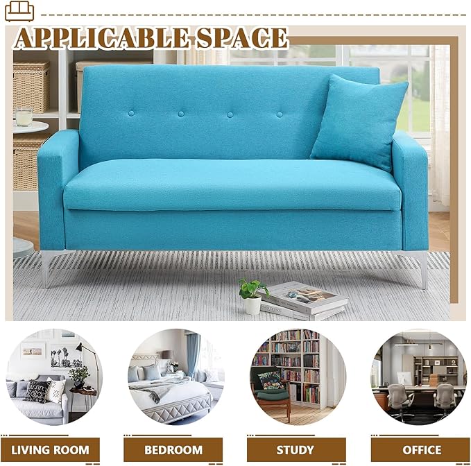 57 Green Loveseat Sofa with Storage Modern Love Seat Couches with Comfy Pillow &amp Side Pocket/Metal Legs Cozy Small Sofas for Small Spaces Living Room Bedroom Office Dorm (Blue) (Blue)