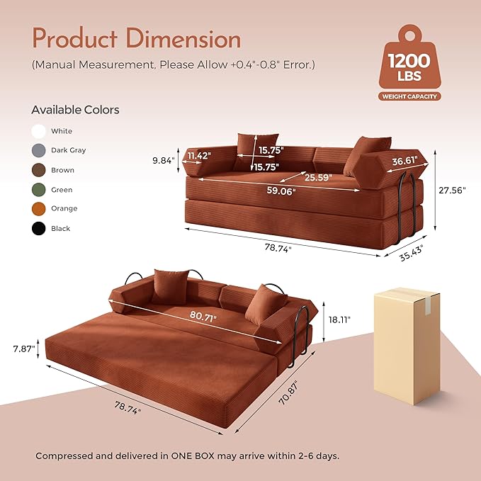 79'' Convertible Sofa Bed 5-in-1 Folding Sleeper Couch with Pull Out Bed Corduroy Modular Floor Sofa No Assembly Space Saving Guest Bed for Living Room Apartment Bedroom (Orange1) | Convertible Sof