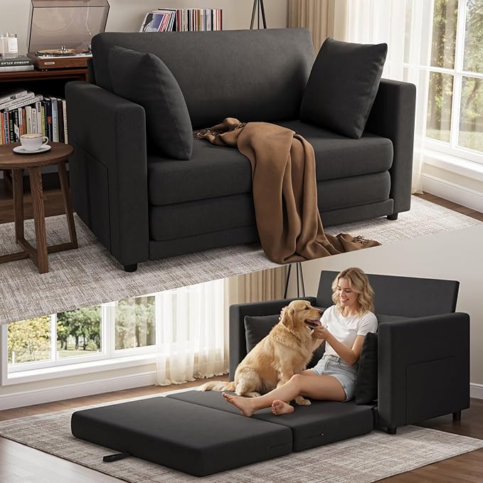 Convertible Loveseat Sofa Bed | Pull Out 78.7” Floor Couch Bed | Folding Sleeper Sofa Bed for Living Room Apartment &amp Guest Room | Black