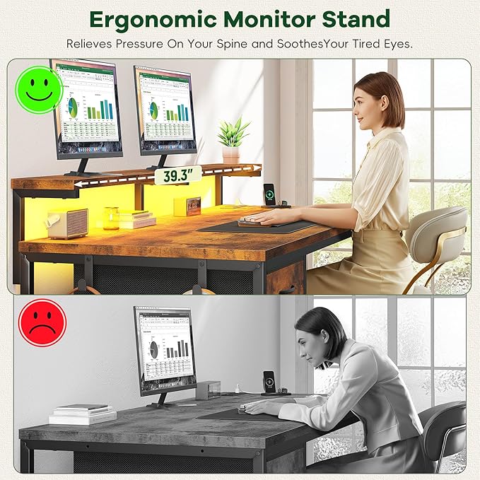 39.3Inch Office Desk with Power Outlet &amp Drawer Gaming Desk with CPU Stand&amp LED LightsComputer Desk with Ergonomic Monitor Stand for Small SpaceRustic Brown