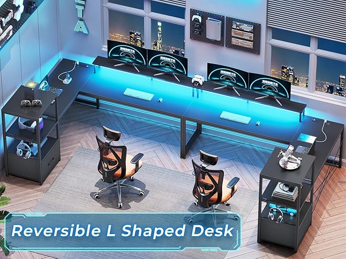 SEDETA L Shaped Gaming Desk 51 Computer Desk with Storage Shelves Gamer Desk with Power Outlets &amp LED Lights Fabric Drawer Monitor Stand and Hooks Black