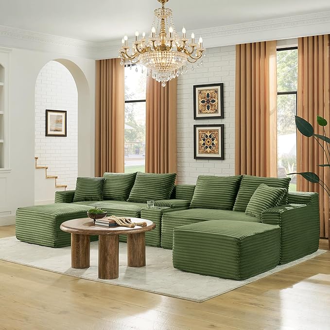 U-Shaped Cloud Sectional Couch Symmetrical Modular Compressed Boneless Sectional Sofa with Chaise Lounges and Console Plush Corduroy Boneless Corner Sofa for Living Room