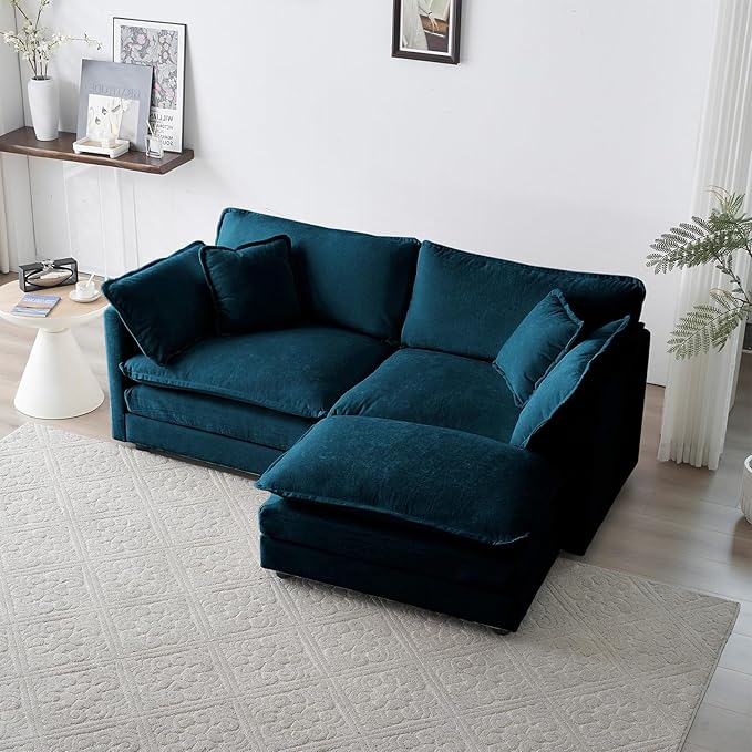 Deep Seat Cloud Loveseat Sofa Sectional Couch with Movable Ottoman 2 Seater Oversized L Shaped Corner Sofa Couches Comfy Chenille Love Seat for Living Room Bedroom Apartment Office