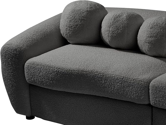87.7 Modern Curved Sofa Back Upholstered Couch with 5 Decorative Throw Pillows Teddy Fabric Couch for Living Room Office Apartment Gray