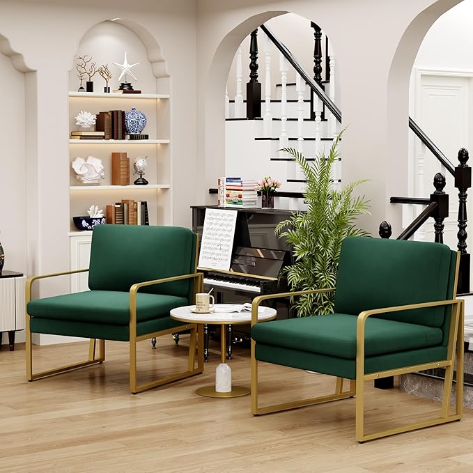 Andeworld Velvet Accent Chair Mid Century Living Room ArmchairUpholstered Modern Sofa Side Chair with Metal Golden Legs for ReadingLoungingBedroom Apartment Green