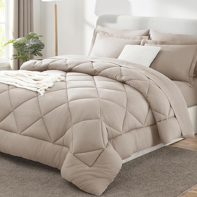 CozyLux Queen Comforter Set Linen - Bed in a Bag Queen Size 7 Pieces Luxury Soft Bed Set for All Seasons Bedding Set with Down Alternative Comforter Sheets Pillowcases &amp Shams