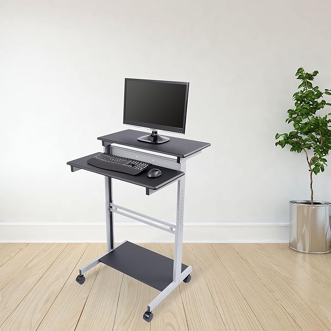 S STAND UP DESK STORE Rolling Adjustable Height Two Tier Standing Desk Computer Workstation (Silver Frame/Black Top 32 Wide)