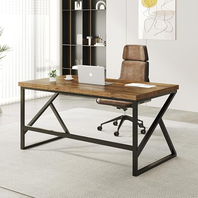 HSH Rustic Brown Desk Industrial Home Office Computer Desk Farmhouse Metal and Wood Computer Table Simple Bedroom Laptop PC Desk for Student Writing Study Gaming Executive Workstation 55 in