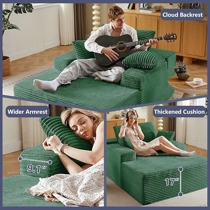 49.2 Oversized Chaise Lounge Chair Indoor Modern Upholstered Deep Seat Sofa Bed Sleeper Couch Reading Chairs Comfy Corduroy Cloud Sofas Couches for Living Room No Assembly Green