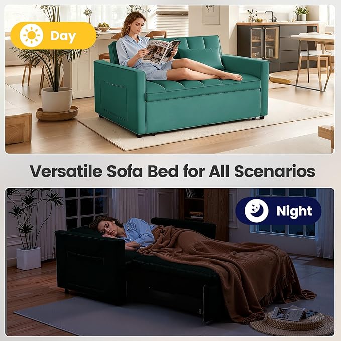 Convertible Sofa Bed Pull Out Couch with Side Pockets 3 in 1 Velvet Fabric Loveseat Sleeper Sofa Bed Pull Out Couch with Adjustable Backrest for Living Room Bedroom Apartment Green