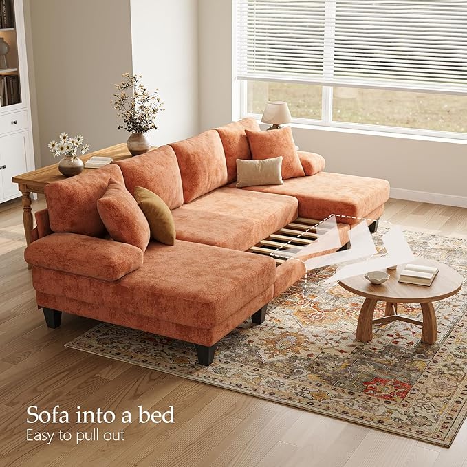 Txtin's Sleeper Sofa with Pull Out Couch Bed | 112 Inch Couches for Living Room | U-Shaped Convertible Sofa Bed | Chenille Orange