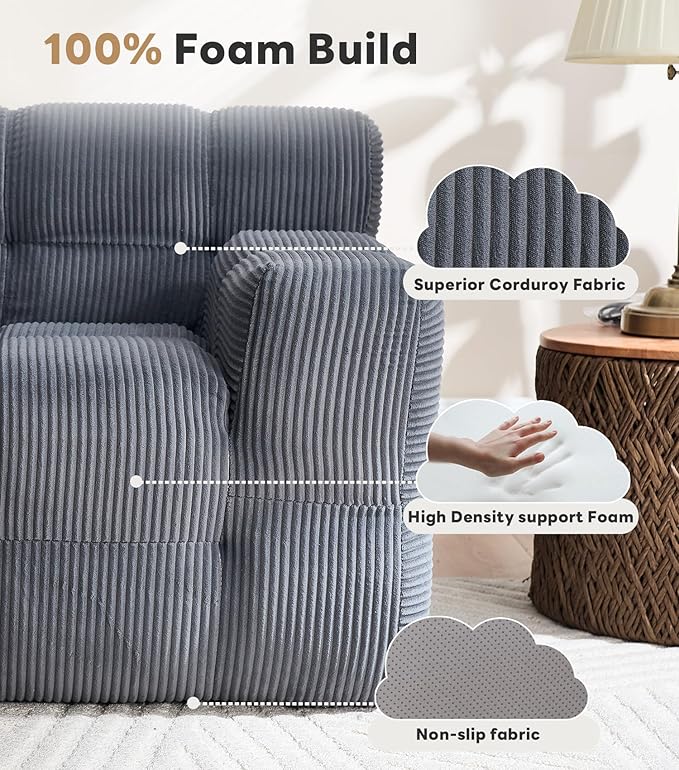 Tbfit Boneless Loveseat SofaComfy Tufted Cloud Couch Modern Living Room Floor Sofa Chair Corduroy Grey
