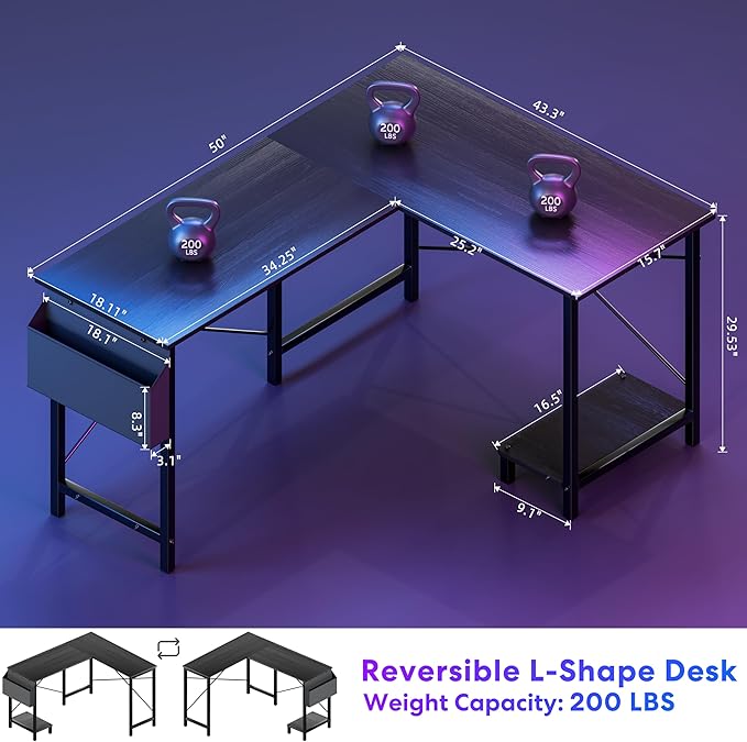 YSSOA 50 L Shaped Gaming Desk with Reversible Corner - Home Office Computer Desk with Wood Top Metal Frame CPU Stand &amp Storage Bag for Small Space Gaming Room Black