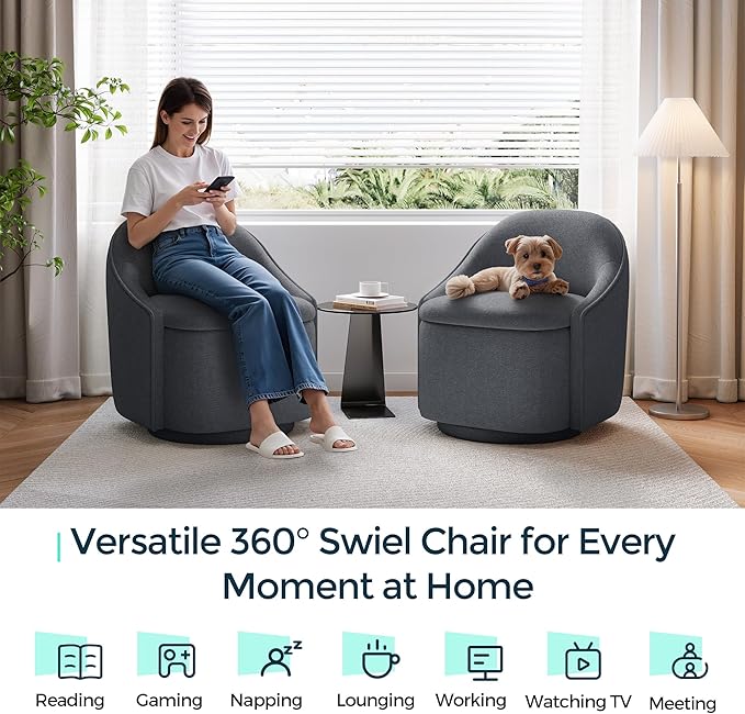 LINSY Swivel Accent Chair with Storage Comfy Chenille Barrel Chairs Small 360 Swivel Modern Armchair for Living Room Bedroom Boucle Reading Chair for Study Room (Grey)