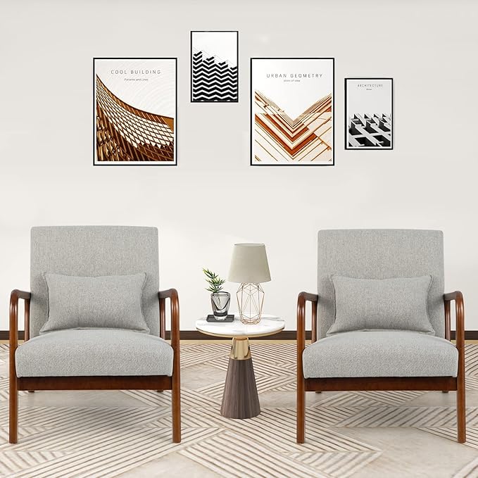 KOTEK Mid Century Modern Accent Chair with Lumbar Pillow Reading Arm Chair with Rubber Wood Frame Upholstered Seat &amp Back Waist Cushion Fabric Lounge Armchair for Living Room Bedroom (Grey)