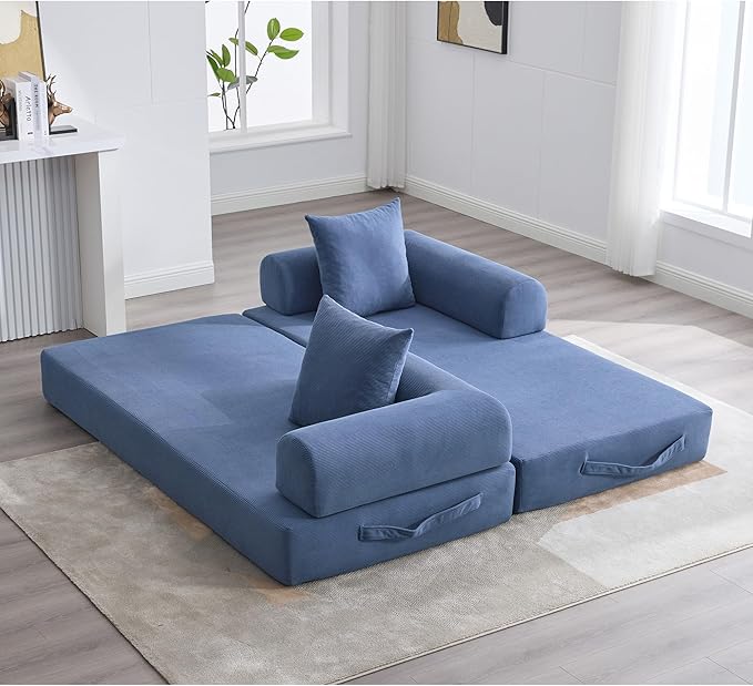 Convertible Sleeper Sofa Bed with Fixed-Shape Frame Corduroy Folding Mattress Couch with Storage Pocket Floor Sofa Lounge Couch for Living Room Bedroom Lounge Studio Navy Blue