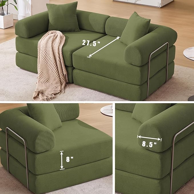 73 Convertible Modular Folding Sofa Bed 5-in-1 DIY Combination Fold Out Sleeper Sofa Bed Loveseat sleeper Couch with Removable Armrests Corduroy Floor Couch Small couches for small spaces Green