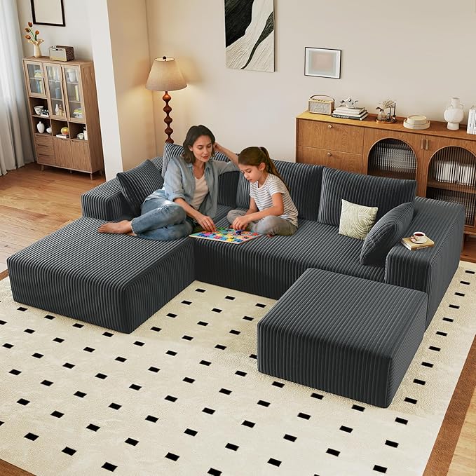 96 U Shaped Cloud Sectional Couch with Fluffy Corduroy Deep Memory Foam Seats Sofa with 1 Ottoman for Living Room No Assembly Required(Dark GreyLeft-Facing Chaise)