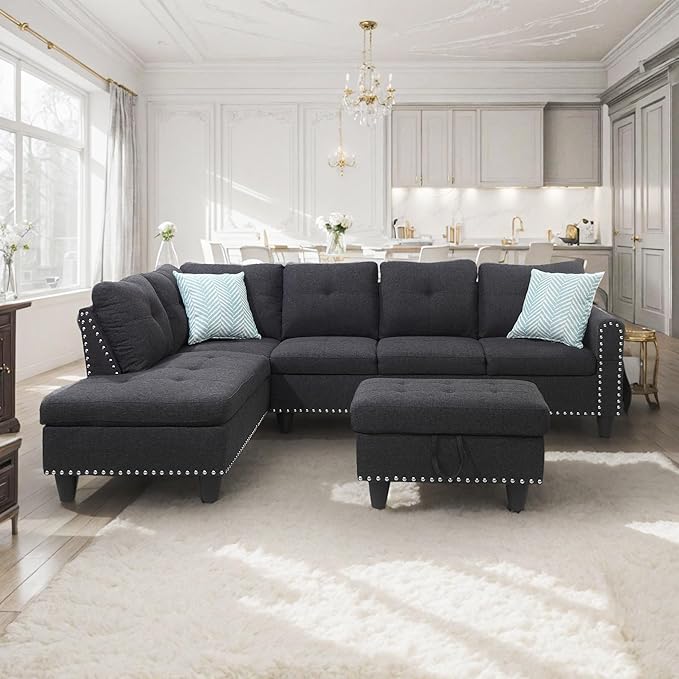 Yehha L-Shaped Sectional Sofa Rivet Hemming Upholstered Modular Couch with Reversible Cup Holder &amp Storage Ottoman Comfy Couches for Living Room Apartment Dark Grey