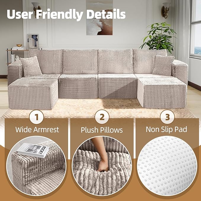 124 Modular Sectional Sofa U-Shaped 4 Seater Boneless Couch with 2 Ottomans Modern Cloud Sectional Couch Deep Seat Sofa for Living Room Bedroom Apartment No Assembly Required