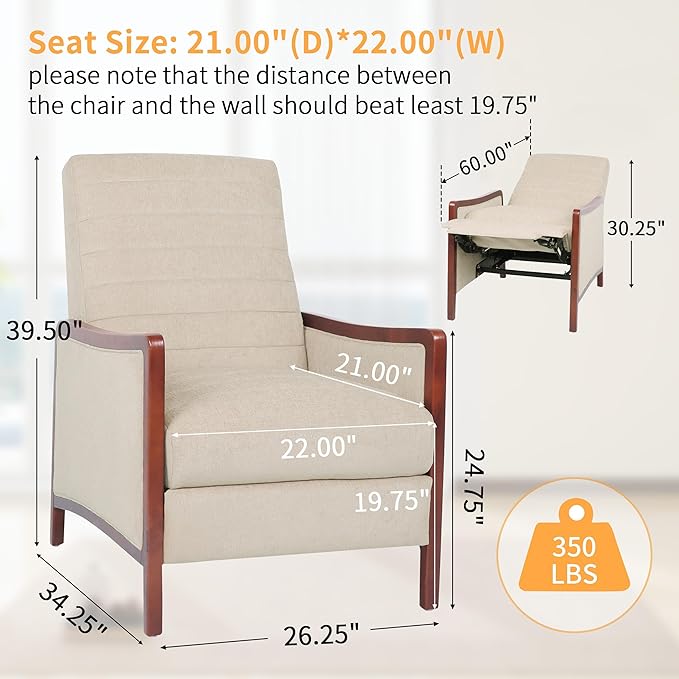 Push Back Recliner Chair Upholstered Accent Chair Recliners with Thick Seat Cushion and Backrest Small Recliners for Small Spaces Living Room Home Theater