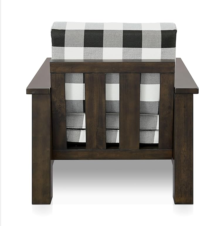 Furniture of America Gavik Modern Solid Wood Arm Chair with Plaid Removable Cushions Black and White Upholstery Fabric Comfortable Upholstered Seating for Living Room Guest Room Dark Walnut