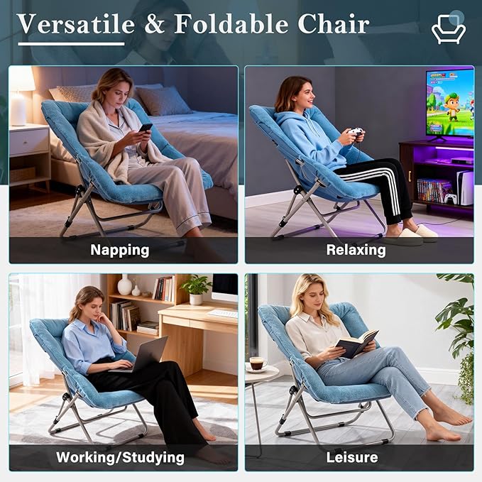 Saucer Chair Comfy Bedroom Chairs Oversized Folding Faux Fur Chair Foldable Metal Frame Chair for Bedroom Living Room Balcony Patio (Blue)