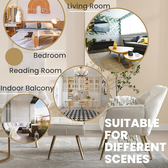 Velvet Accent Chair with Ottoman Modern Upholstered Reading Chair with Ottoman Comfy Lounge Armchair with Gold Metal Legs for Small Spaces Living Room Bedroom Book Nook Off White