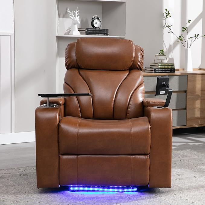 Power Motion Recliner Electric Power Recliner with Hidden Arm Storage Cup Holder Phone Holder Tray Table Faux Leather Rocker Chair for Small Spaces (Light Brown/78)