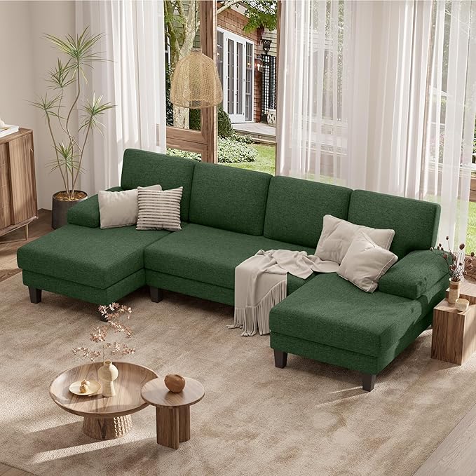 110 U-Shaped Sectional Sofa Couch for Living RoomModern Modular Sofa with Double ChaiseClassic Lounge Couch Sleeper for Apartment Green Linen
