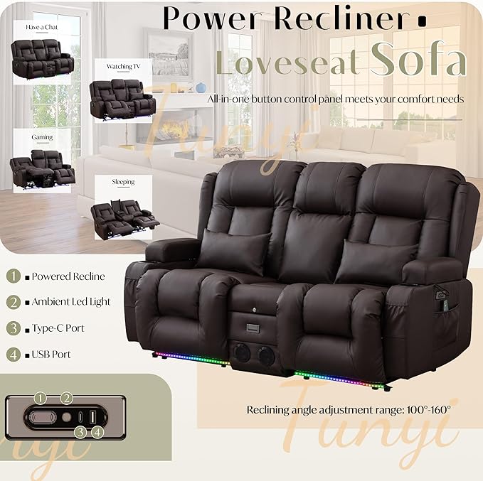 TUNYI Power Loveseat Recliner Sofa Faux Leather Reclining Sofa with Console RV Reclining Loveseat Couch with USB/Outlet/Storage/Side Pocket/LED Light/Speaker (Brown Loveseat)