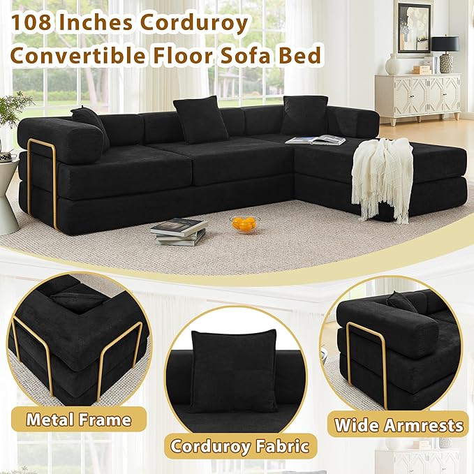 108 W Corduroy Modular Cloud Couch with Fixed-Shape Frame Oversized L-Shaped Sectional Sleeper Sofa Bed with Pull Out Bed No Assembly Modern Floor Boneless Couch for Living Room (Black)