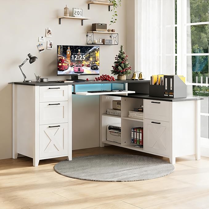 HOPUBUY Farmhouse L Shaped Executive Desk with Drawers 59''Home Office Corner Desks with Charging StationFile CabinetsStorage Compartments Wood Computer Desk Writing Table w/Keyboard TrayWhite