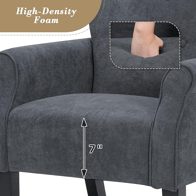 Athena Collection Mid Century Modern Chair for Living Room Upholstered Wingback Reading Chair for Adults Comfy Linen Fabric Armchair with Wooden Legs for Bedroom Dorm Balcony Grey