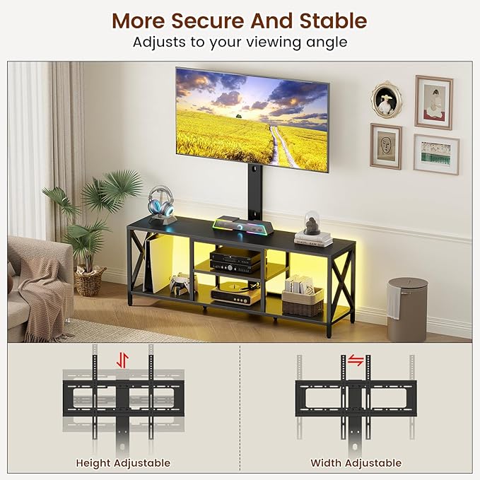 Flycity TV Stand with Mount and LED Lights Universal TV Stand Mount for 32-75 inch TV Entertainment Center with Storage Metal TV Console Table Height Adjustable TV Stands for Living Room Black