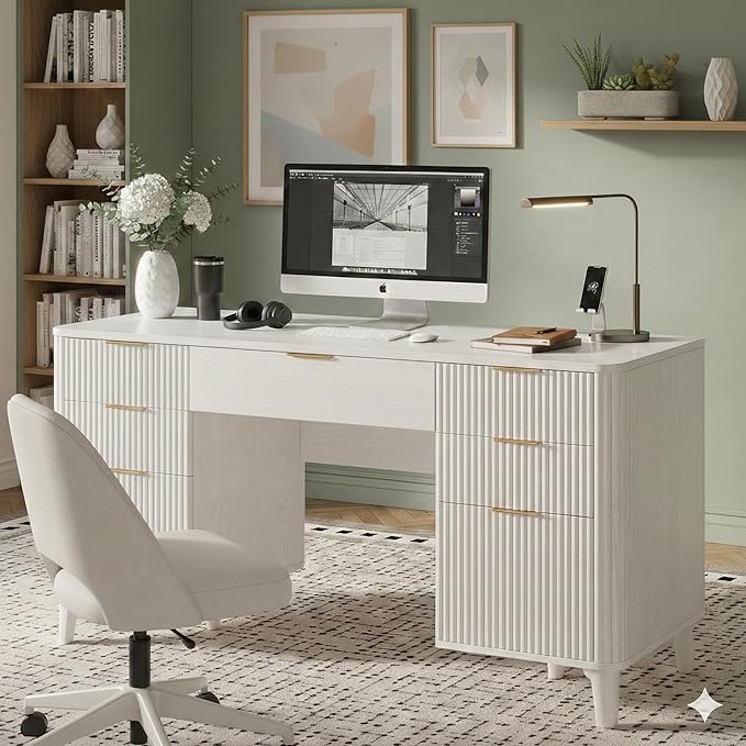 White Desk with Drawers 55 Fluted Executive Desk with Storage Cabinet Wood Home Office Desk with File Cabinet Modern Computer Writing Desk for Study Living Room Bedroom