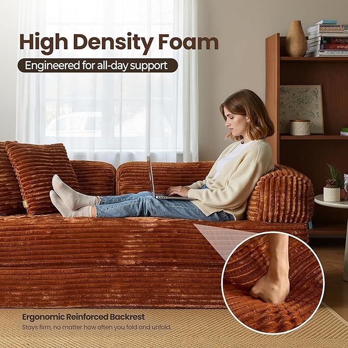 HOOOWOOO Convertible Folding Futon Sofa Bed4 in 1 Plush Corduroy Sleeper Couch No Assembly80.5 Boneless Loveseat 2 Chaise Lounge with Steel Frame(Brick Red)