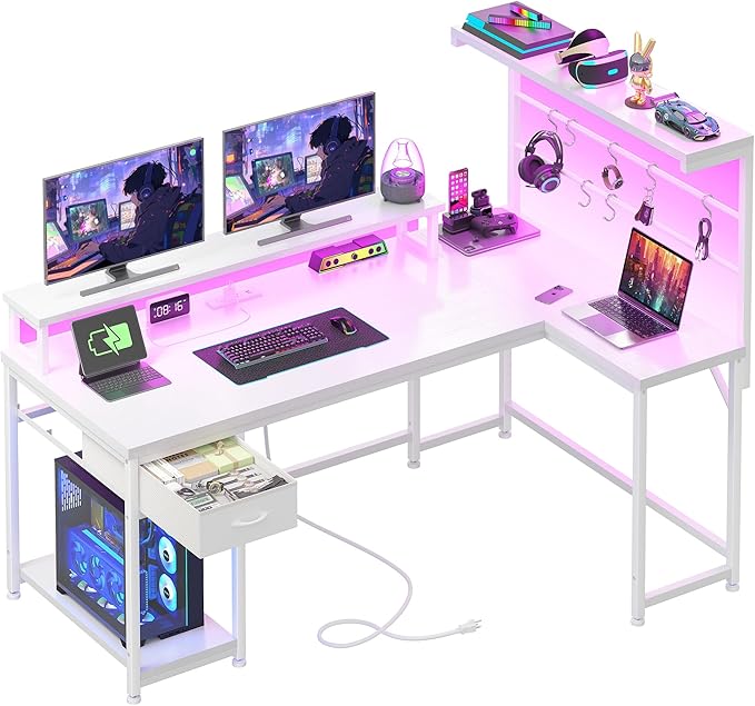 EnHomee 53 L Shaped Gaming Desk with Monitor with Hutch &amp Monitor Stand Office Desk with Drawers &ampHooks Computer Desk with LED Light &ampPower OutletHome Office Writing Desk White