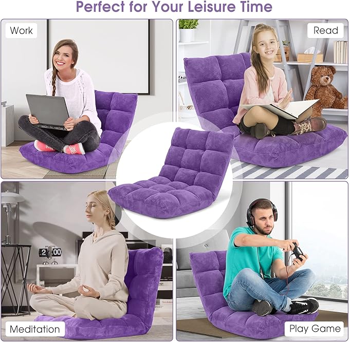 Moccha 14-Position Floor Chair Folding Sofa Chair with Back Support Memory Foam Floor Gaming Chairs for Adults Adjustable Padded Couch Recliner Sleeper Bed for Reading Meditating Purple