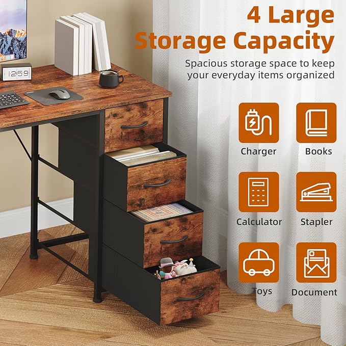 Somdot 47 Computer Desk with 4 Drawers for BedroomSimple Home Office Writing DeskGaming Table with StorageModern Work for Home Office Study Living RoomWood Grain Print
