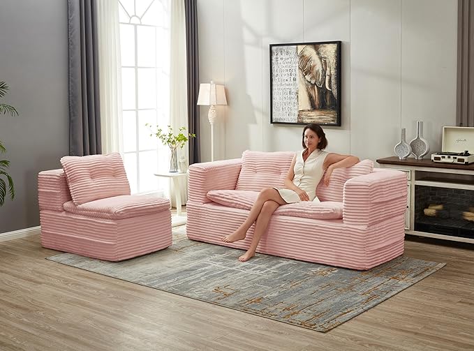 2 Pieces Sofa and Loveseat Set 80'' King Size Folding Sofa Bed with Chaise Lounge 2-in-1 Convertible Floor Sofa Bed Corduroy Boneless Couch Memory Foam Couches for Living Room Pink