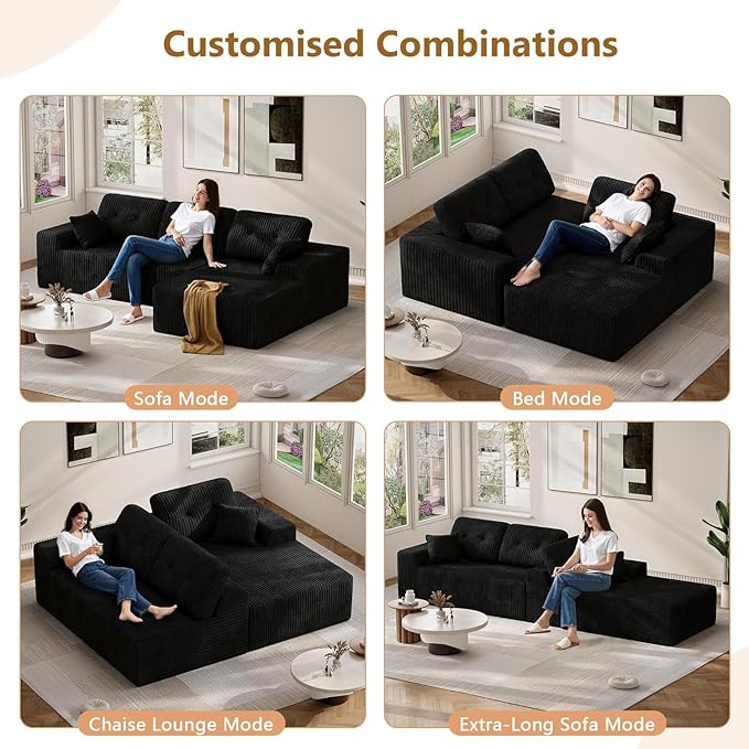 Ball &amp Cast 106'' Convertible Sectional Sofa for Living RoomModern Modular L-Shaped CouchBoneless Comfy Corduroy Fluffy Couch with Deep SeatHight Weight CapacityRight Facing Chaise (Black)