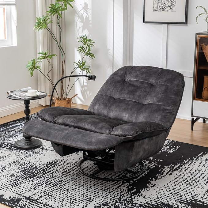 Swivel Rocker Recliner Chair for Adult Oversized Armless Recliner with Phone Holder Comfy Swivel Glider Recliner Velvet Reading Chair for Living Room (Black)