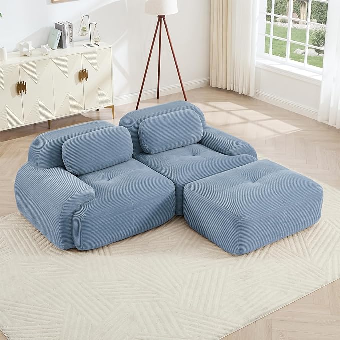 80 Modern Corduroy Boneless Love Seat Couches with 1 Ottoman 2 Seater Large Sectional Couches for Living Room Blue Cloud Modular Sectional Sofa Memory Foam Extra Deep Loveseat No Assembly